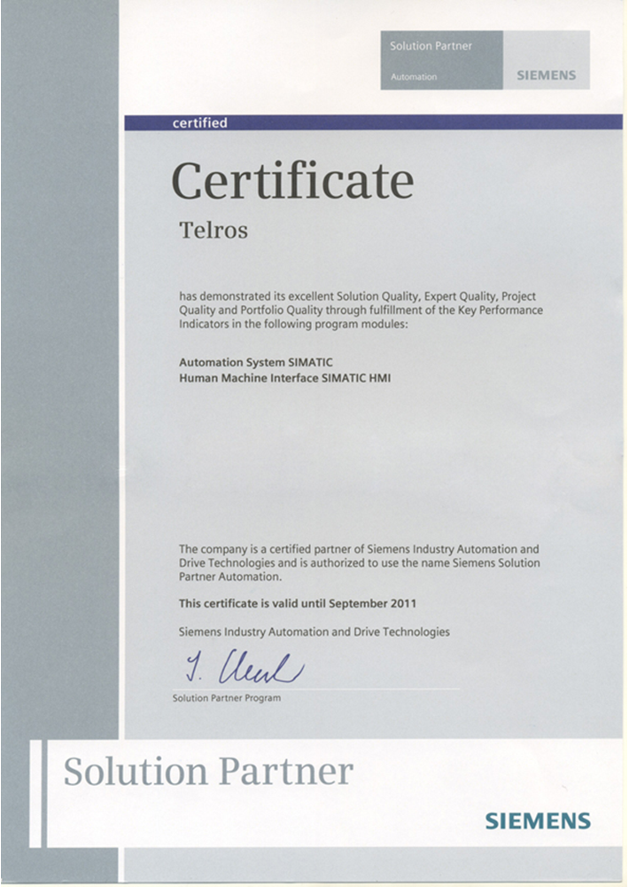Сертификат Siemens Solution Partner